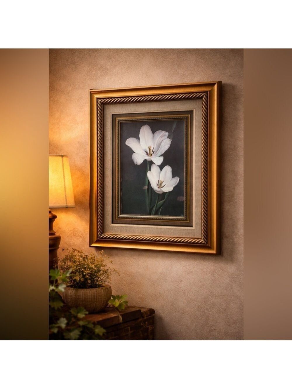 Andrea Trivelli “Tulipani” Large Framed Floral Art Elegant White Tulips Ornate